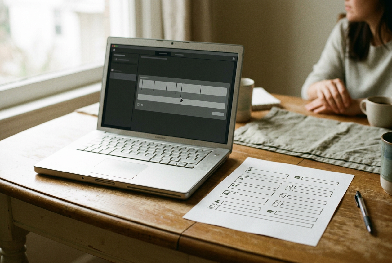 Campaign ad release sheet beside a laptop showing a synthetic voice timeline and disclosure text.