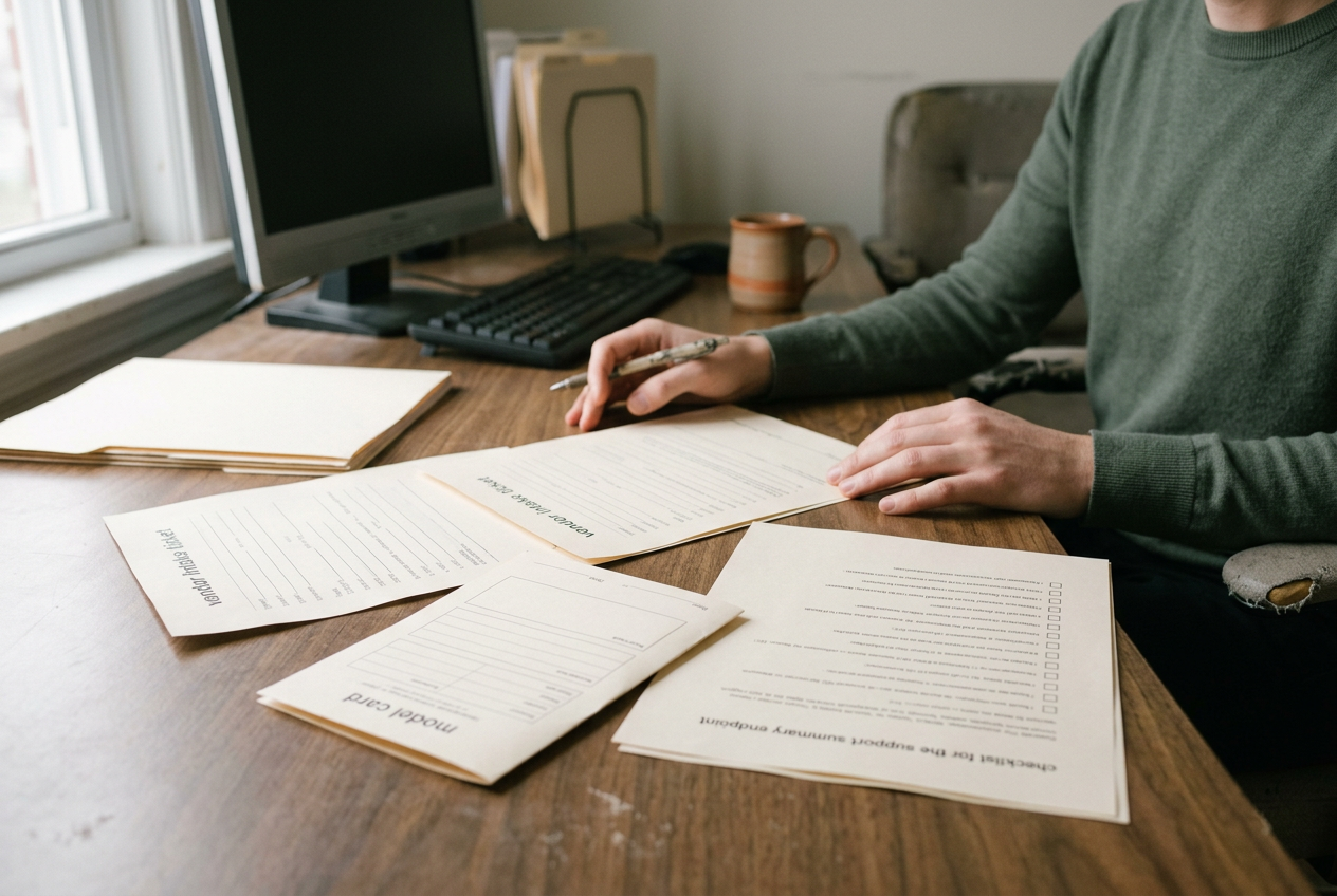 A procurement laptop beside printed model documentation and a support-call summary approval checklist.