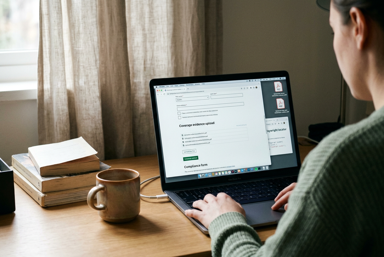 A laptop showing a compliance form beside code and two document files ready for upload.