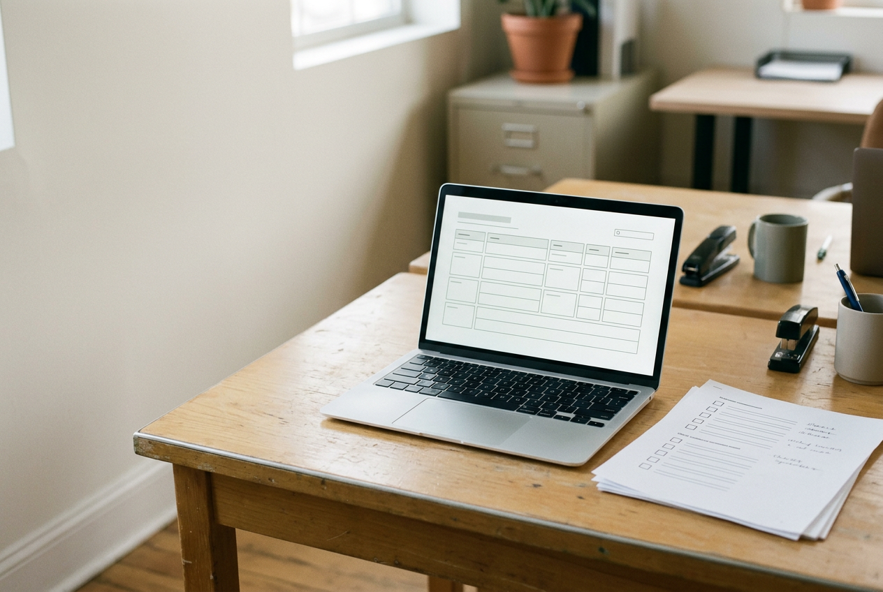 A laptop displaying an AI system inventory beside printed hiring workflow notes and a vendor evidence checklist.