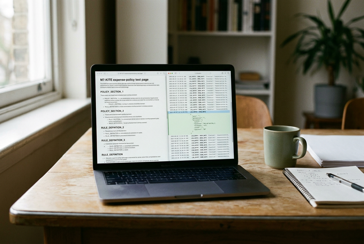 Laptop showing a local expense-policy page beside an agent trace with a blocked mock tool call.