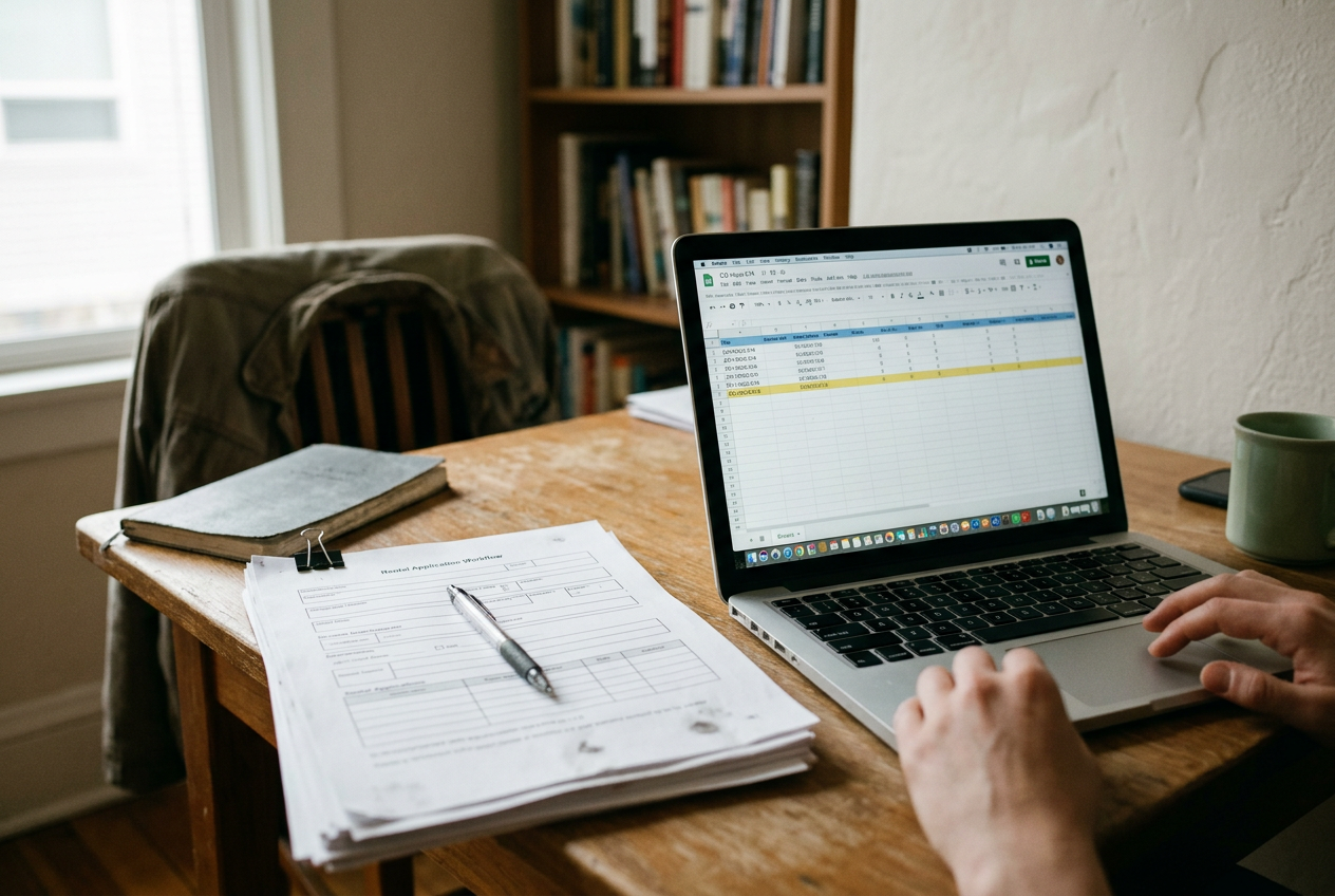 A laptop displaying an AI workflow inventory beside rental screening documentation on a desk.