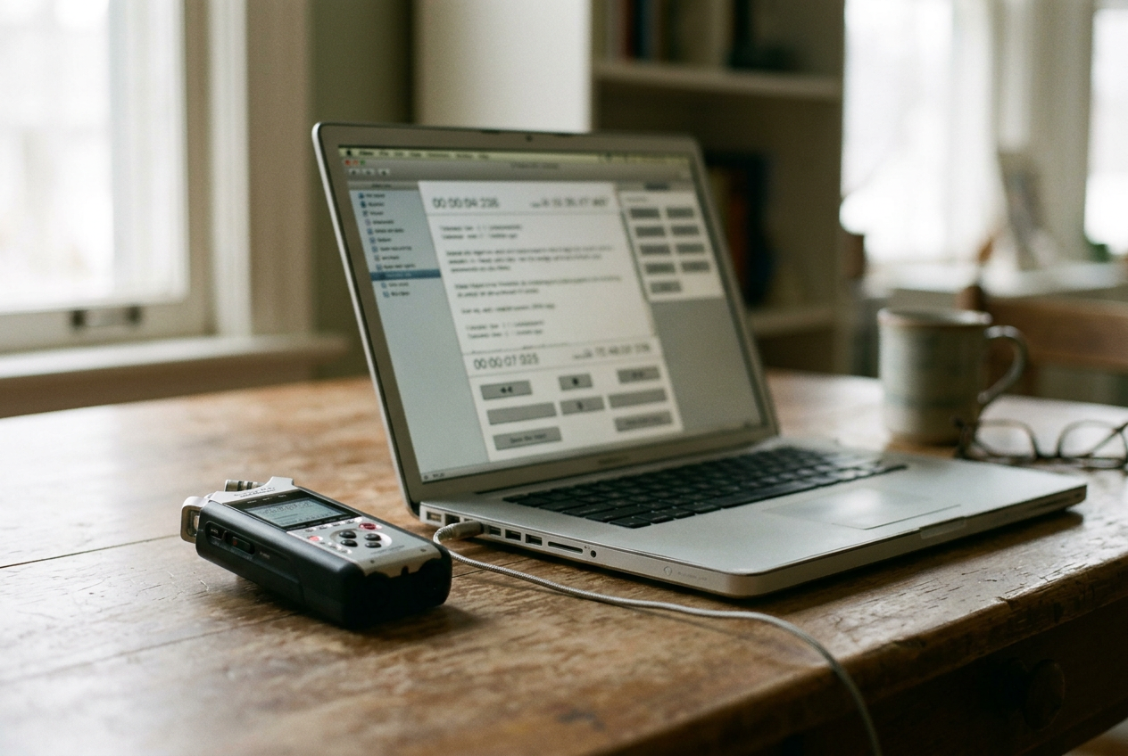 A pocket recorder beside a laptop showing a transcript export menu and an audio timeline.