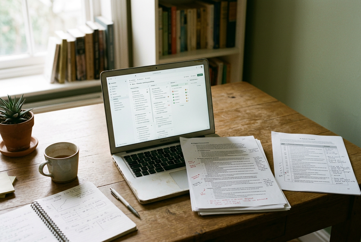A laptop showing a hiring workflow beside a printed AI impact assessment and candidate appeal checklist.