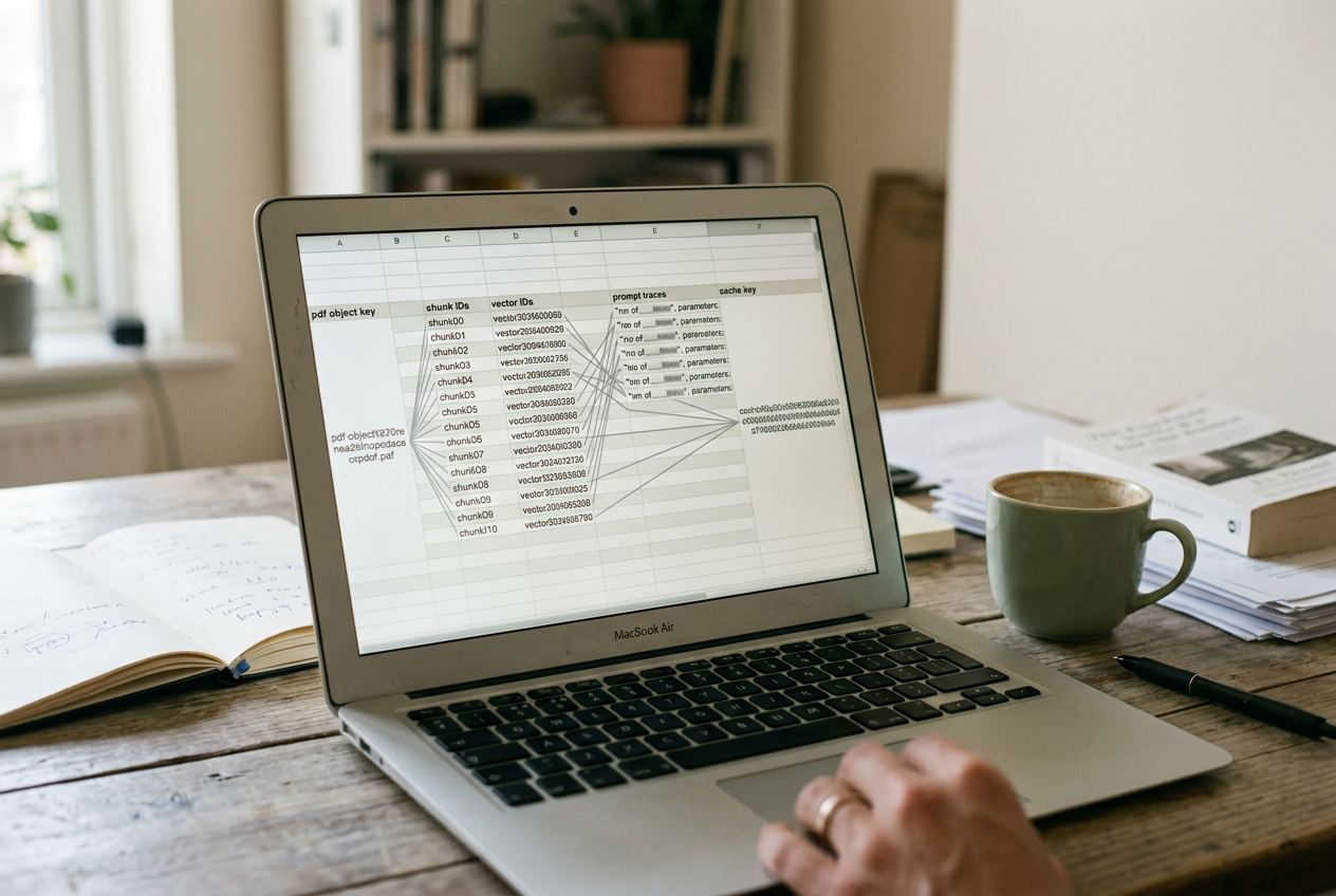 Laptop displaying a lineage table linking a source document, chunk IDs, vector records and cached AI summaries.