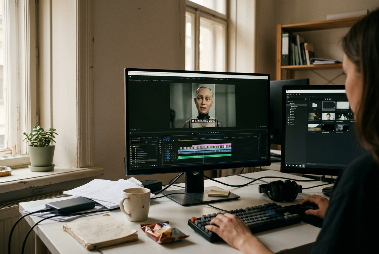 A video editing screen showing an AI-generated video label positioned inside a portrait crop guide.