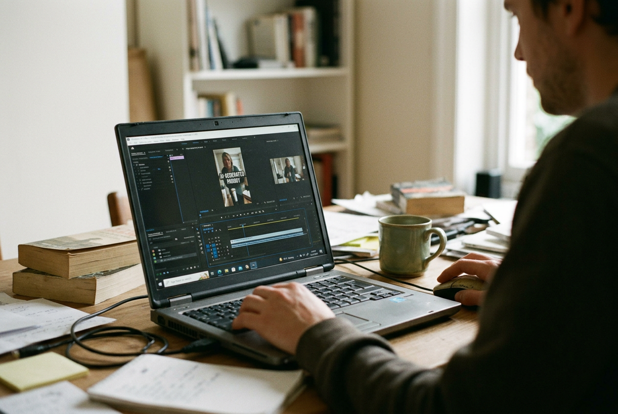 A vertical video editor showing an AI-generated parody label positioned inside the frame above platform controls.