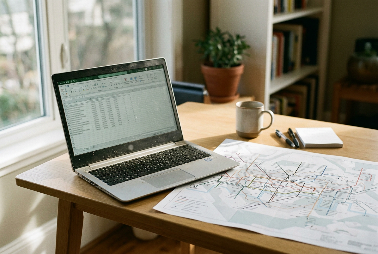 A laptop showing a deletion audit record beside a printed data-flow map and a hardware security key.