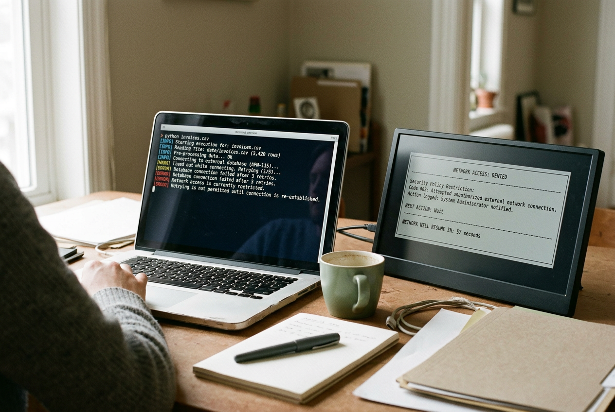 A laptop showing Python code beside an invoice CSV and a sandbox run log