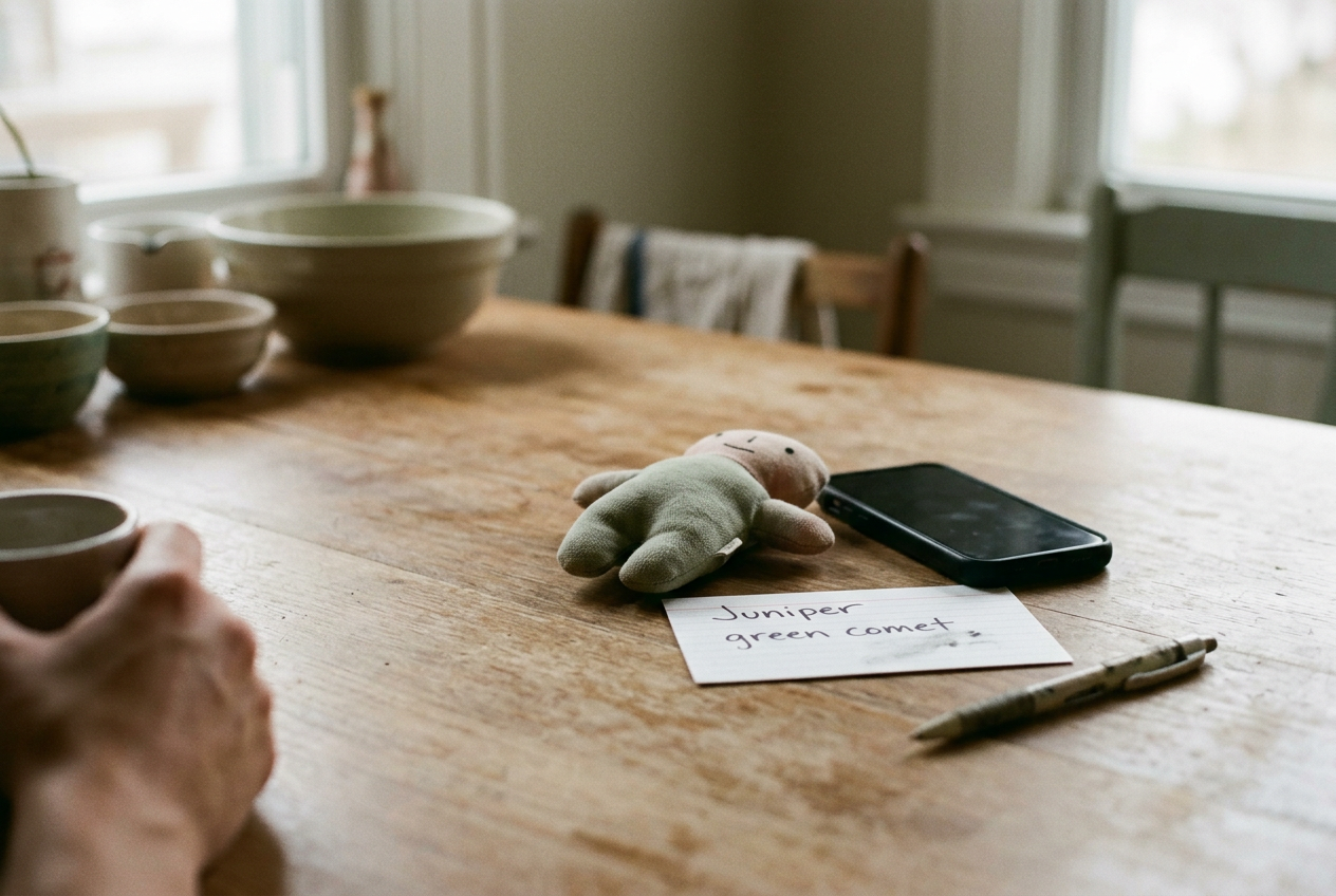 A conversational toy, phone and index card with fake test details arranged on a kitchen table.