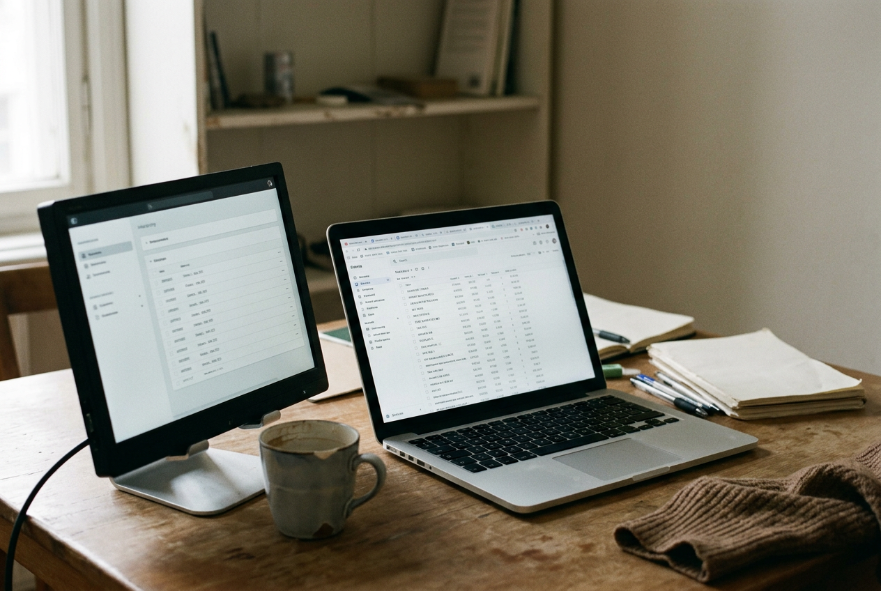 Laptop showing a refund analysis query beside a database access policy limited to approved views.
