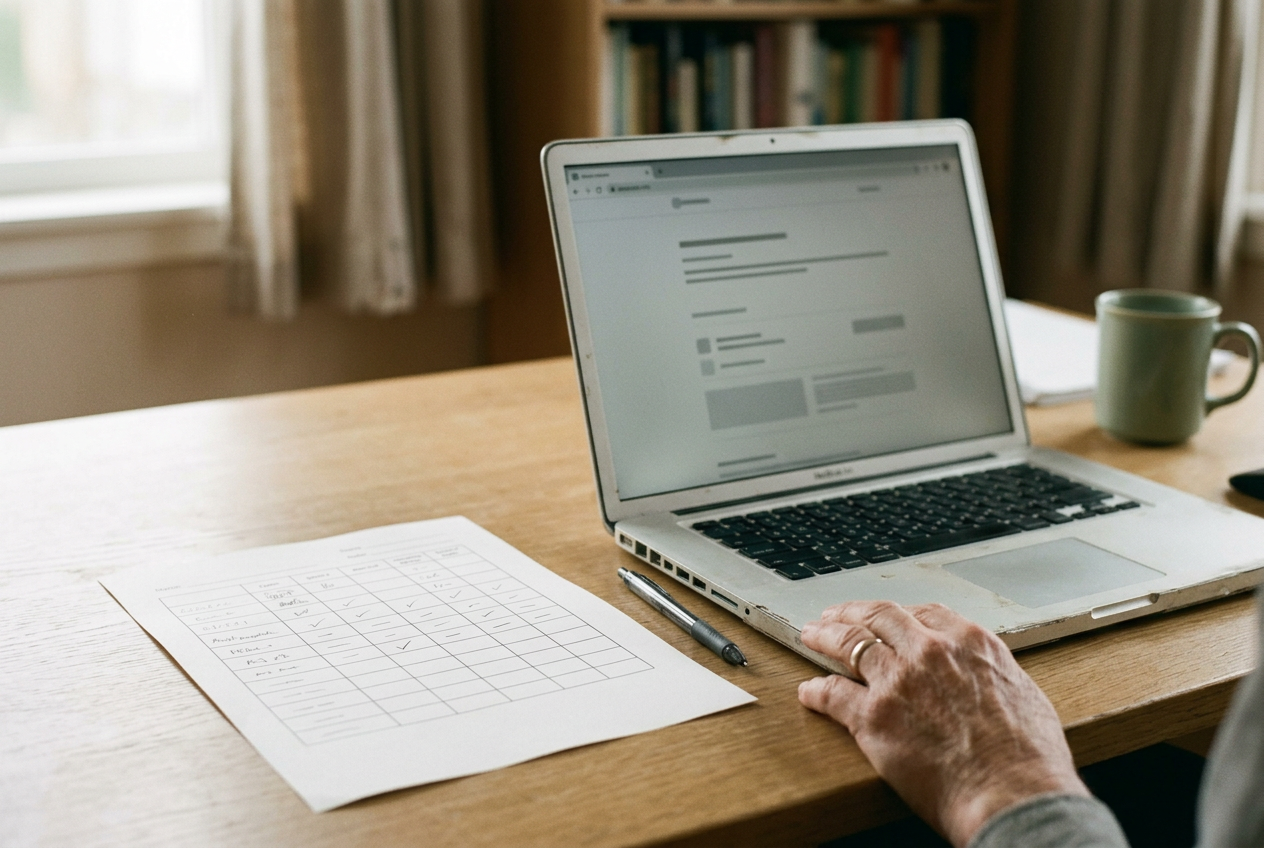 A hiring workflow worksheet beside a laptop showing candidate scoring fields, notice links, appeal owners, and evidence gaps.