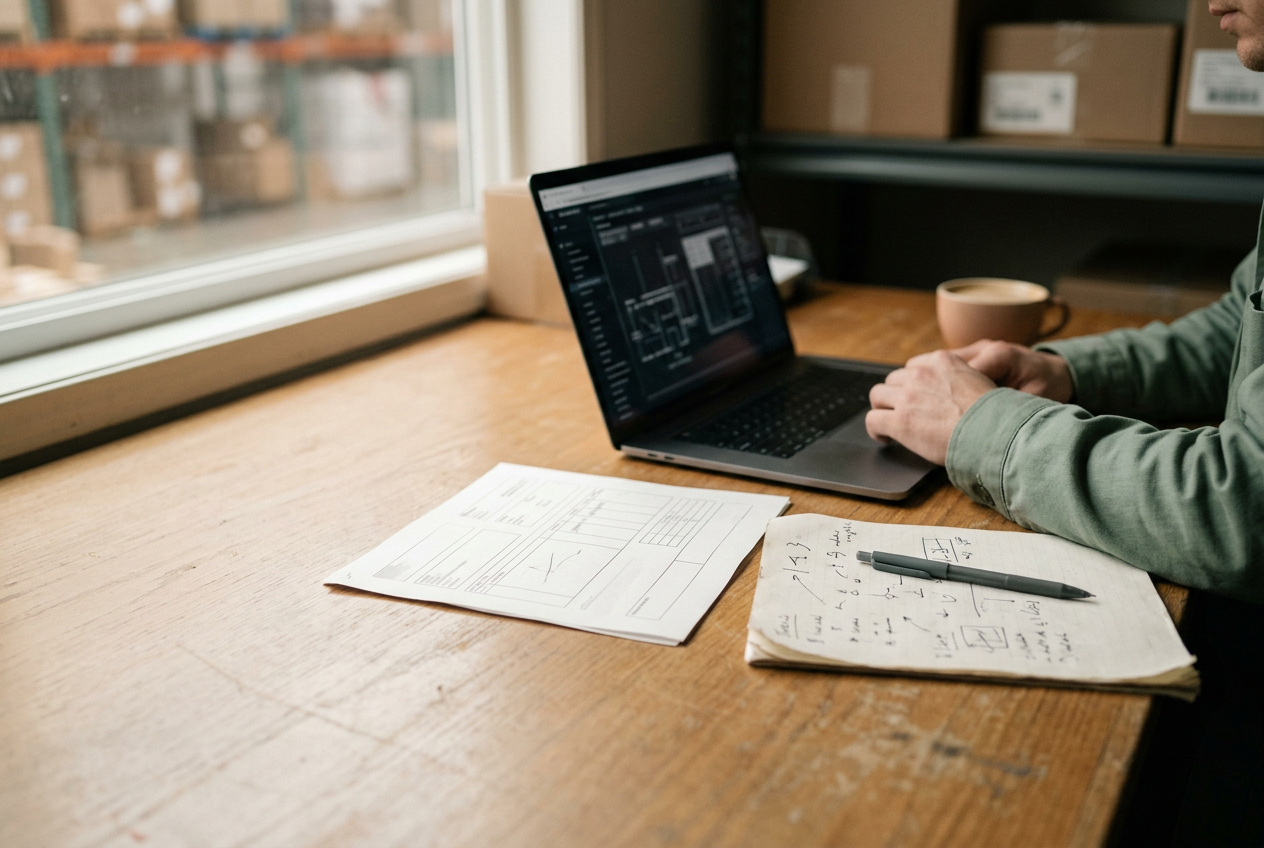A laptop displaying an employment systems inventory beside printed hiring workflow notes on a desk.