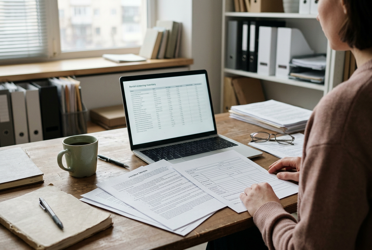 A laptop displaying a decision-system inventory beside printed vendor documentation and a rental application form.