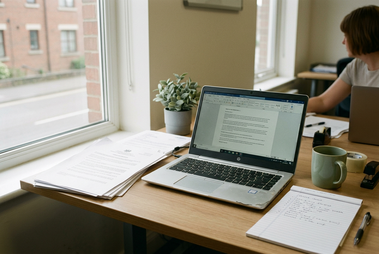 A recruiter’s laptop showing a hiring workflow beside printed notices labeled New York City, Illinois, and Colorado.