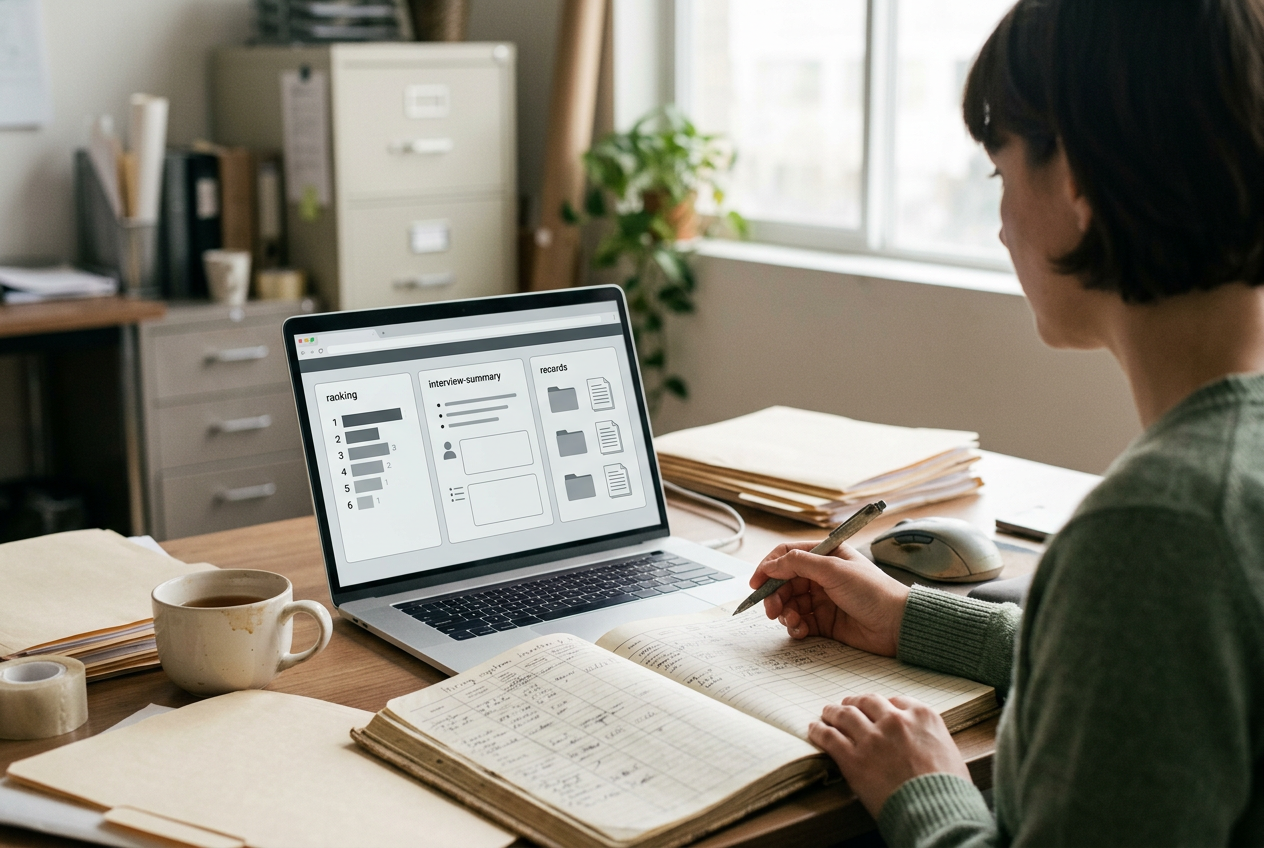 Hiring workflow inventory beside a laptop showing candidate ranking and interview summary modules.
