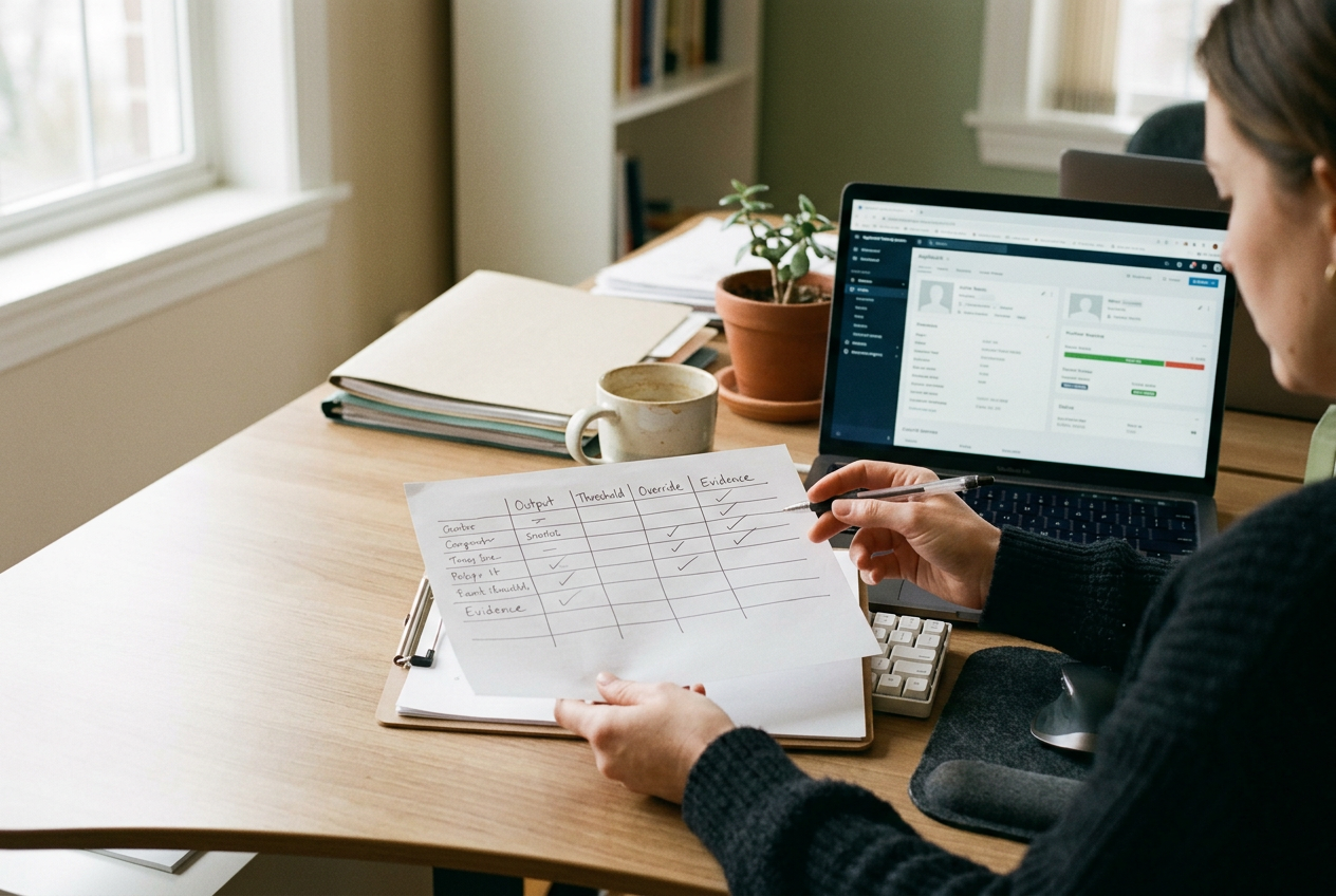 Laptop showing a hiring workflow sheet beside an applicant tracking system screen and printed résumé.