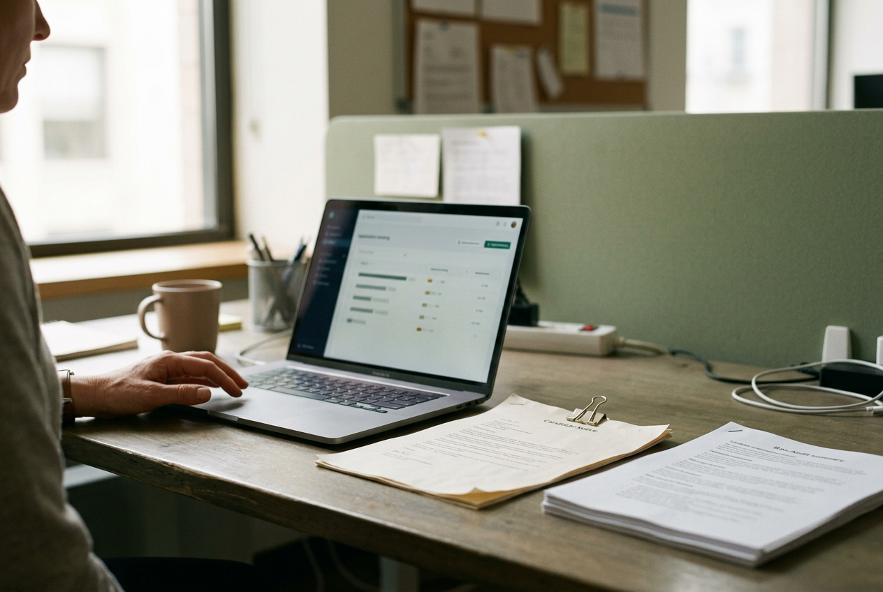 A laptop showing a recruiting workflow beside printed candidate notice and bias-audit documents.