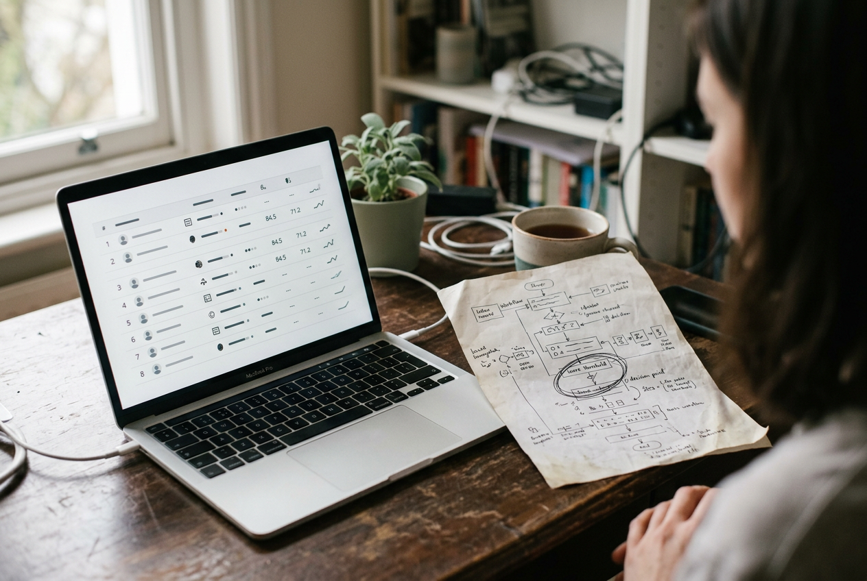 A recruiter’s laptop showing a ranked applicant list beside printed hiring workflow notes.