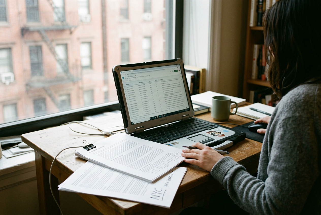 A recruiter’s laptop showing a ranked applicant list beside printed audit notes and a job requisition.
