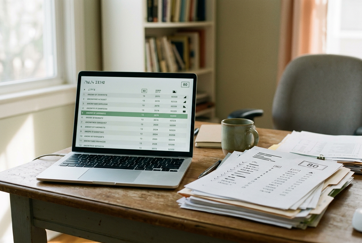 A recruiter dashboard showing a ranked resume queue beside printed audit and notice records on a desk.