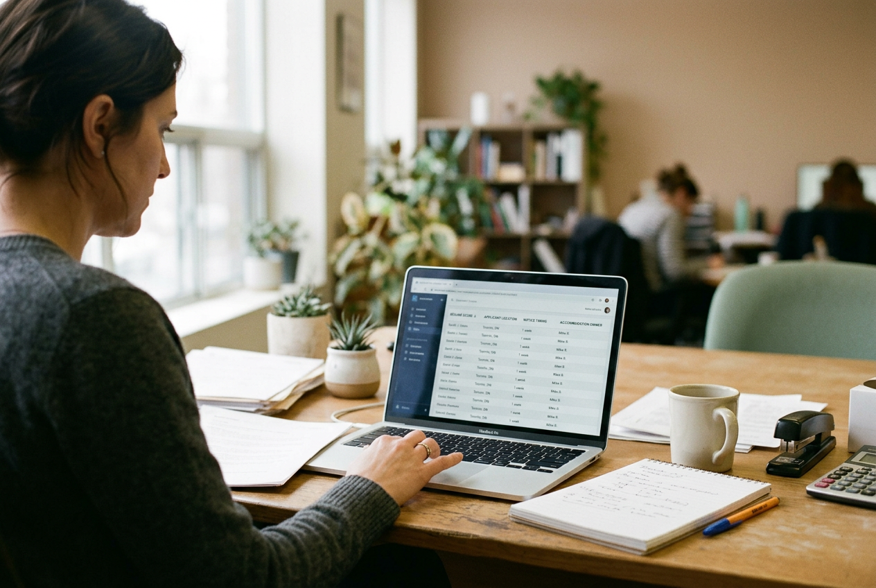 A laptop showing a hiring workflow beside a spreadsheet of notices, consent steps, and applicant locations.