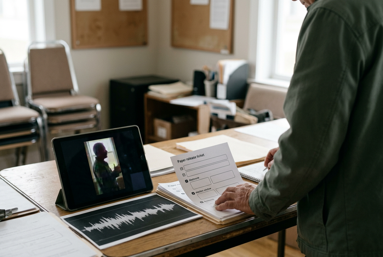 A campaign video release ticket beside vertical video and audio disclosure previews on a desktop monitor.
