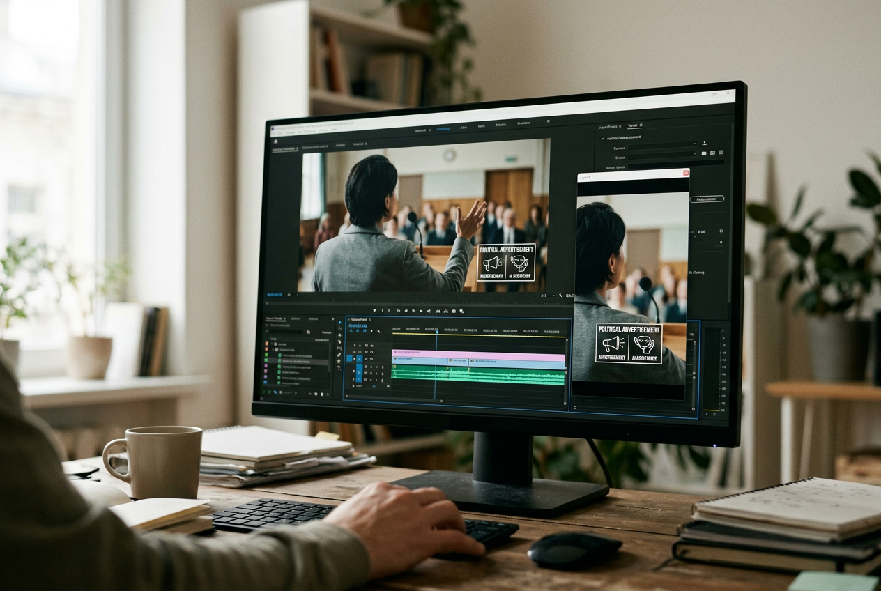 Video editing screen showing horizontal and vertical political ad exports with an AI disclosure inside each frame.