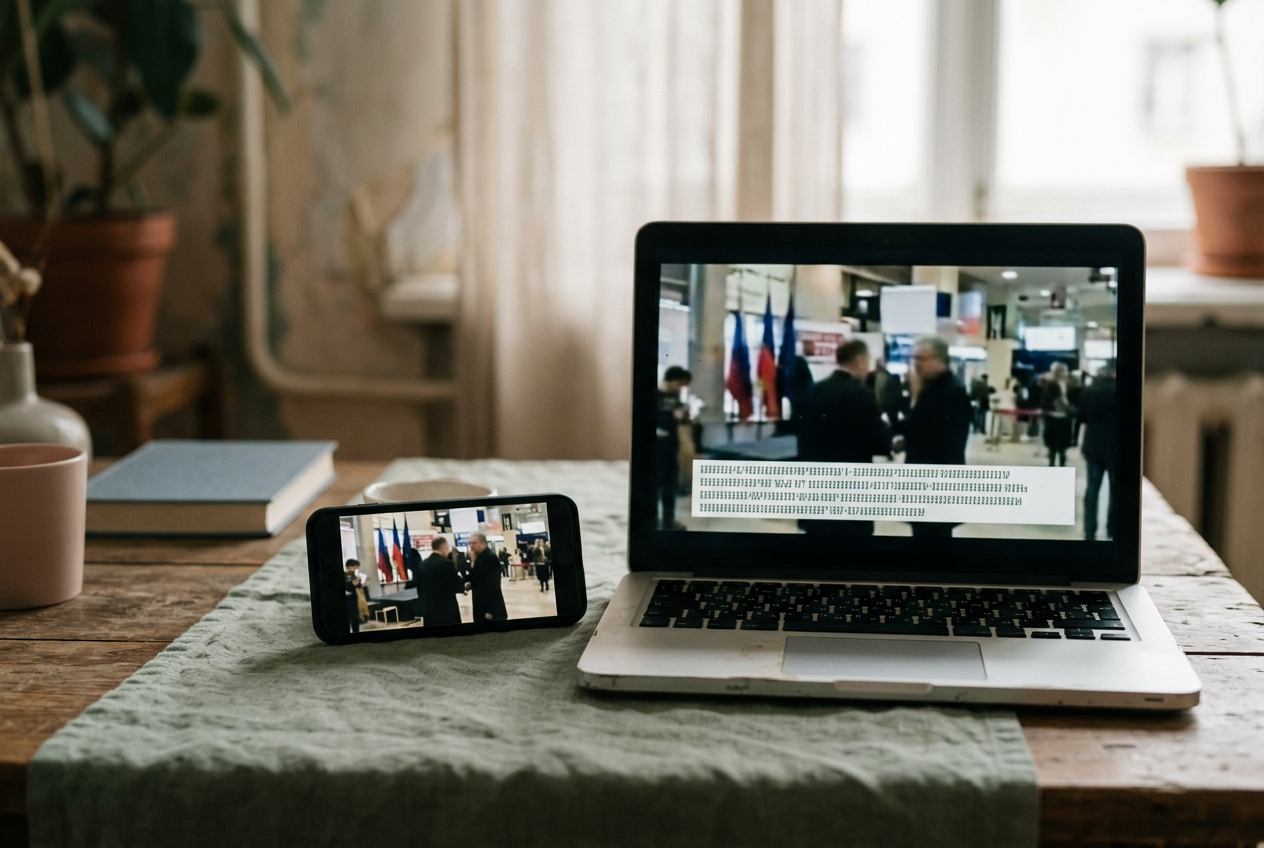 A laptop showing a political video ad beside a cropped repost where the disclosure text is missing.