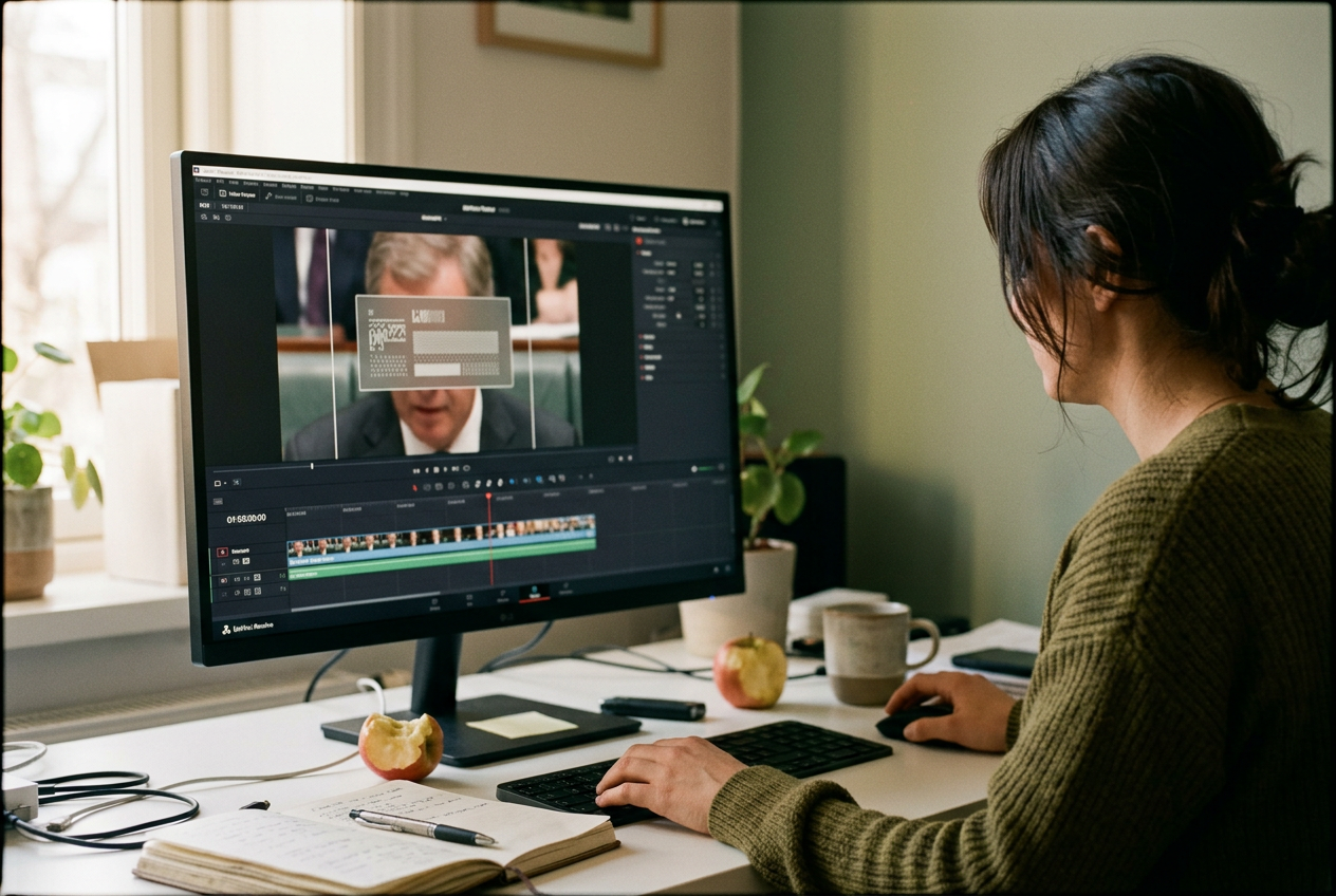 A video editor showing an AI disclosure inside the safe area of a vertical political clip.