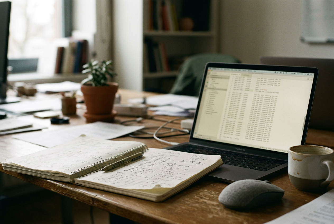 Laptop displaying an AI request log beside a printed support policy manual and customer ticket queue.