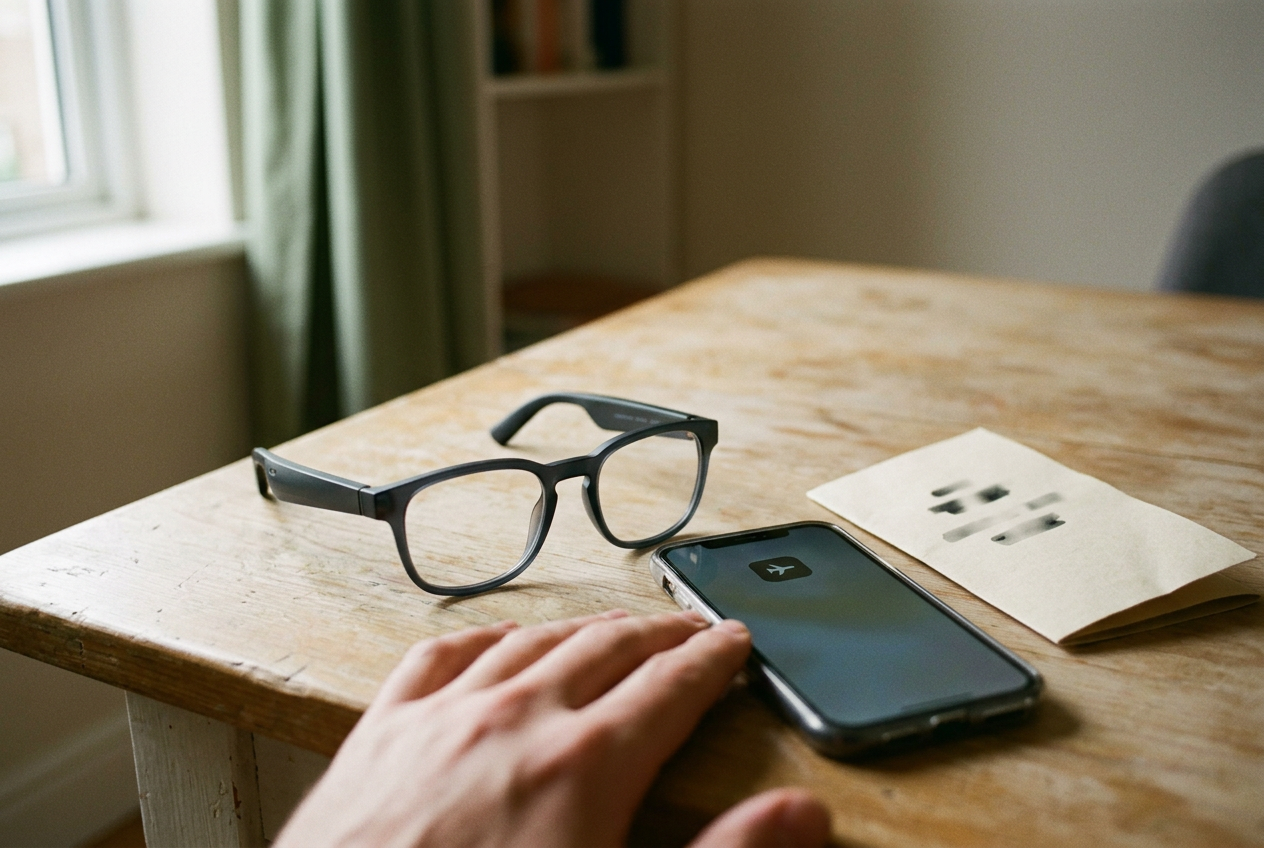Ray-Ban Meta glasses beside a phone in airplane mode and a photographed airport gate sign.