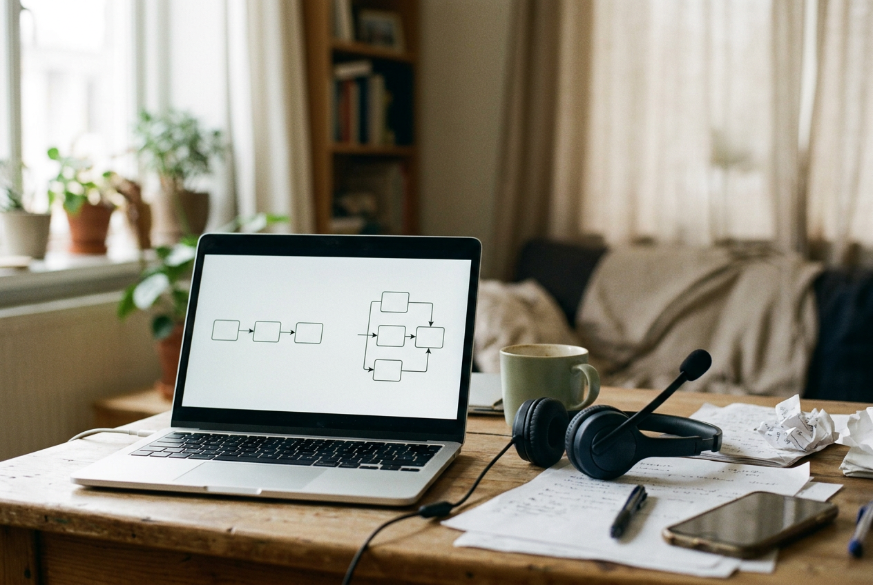 A laptop showing two voice API architecture diagrams beside a headset and a delivery order screen.
