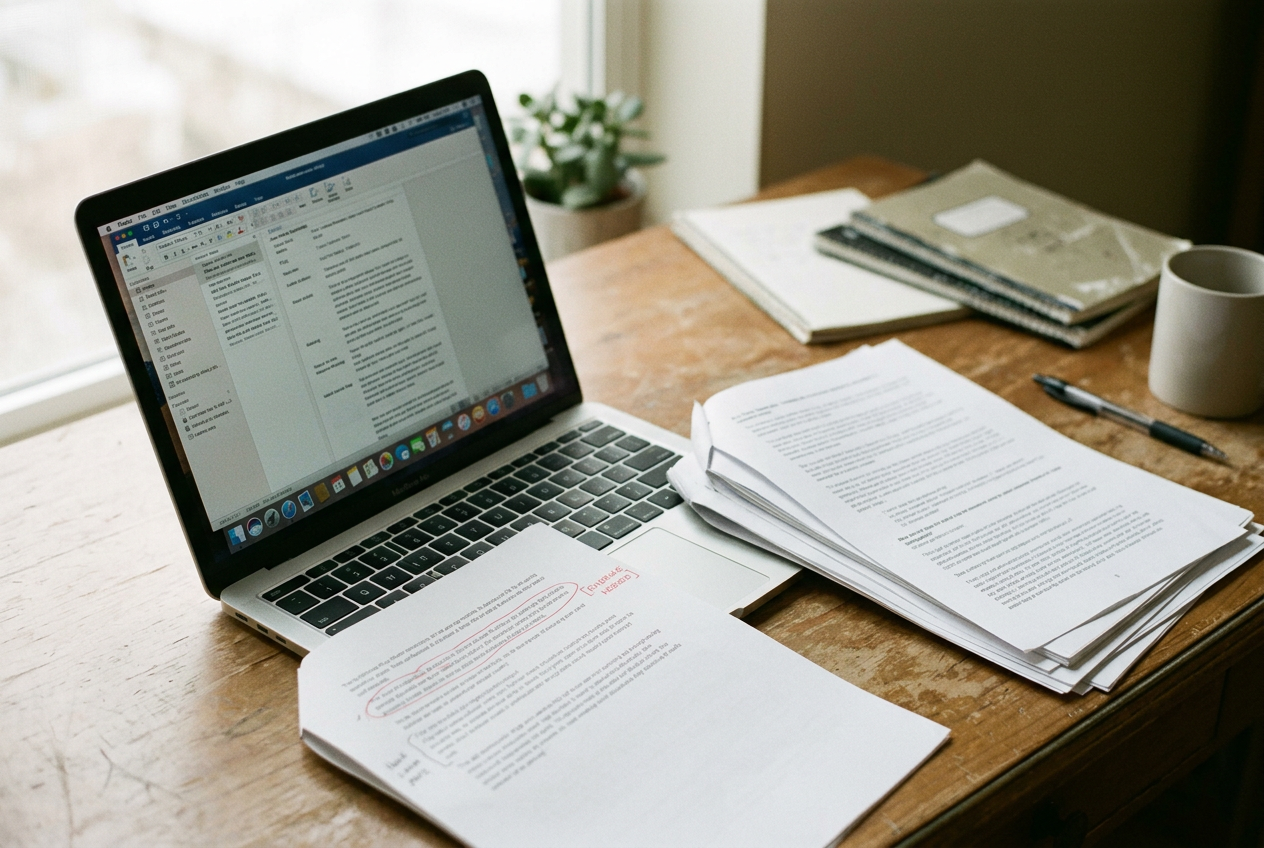 A laptop showing claim IDs, source excerpts, and rejected-source fields beside an annotated article draft.