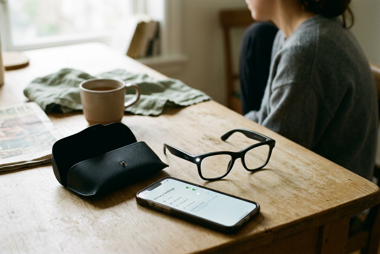 Camera-equipped glasses beside a phone showing privacy settings and a charging case on a table.