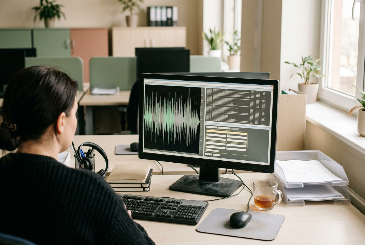 A support desk headset beside a screen showing an audio waveform, transcript, and address-change tool event.