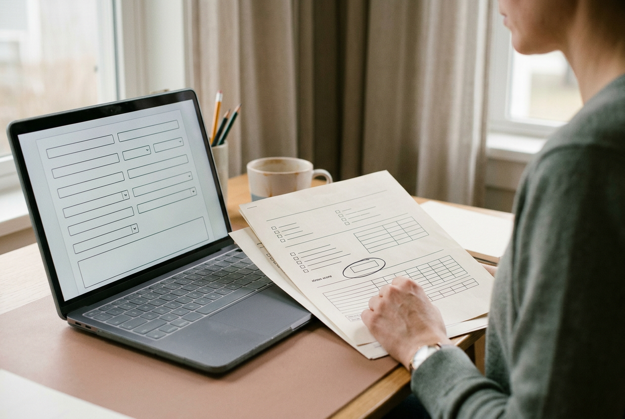 Laptop displaying an AI intake record beside call-center documentation with a stress-score field marked for review.