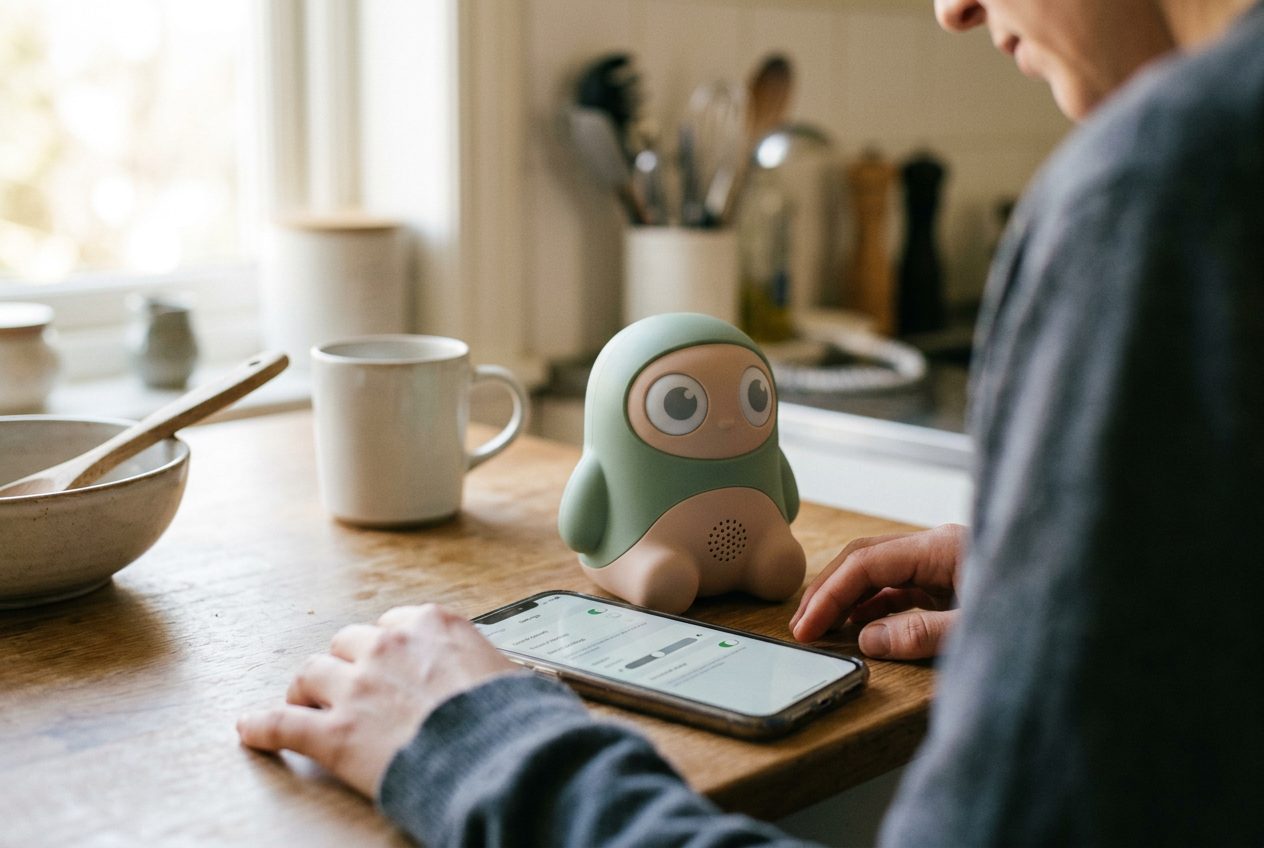 A connected toy beside a phone showing microphone, time-limit and account controls on a kitchen table.