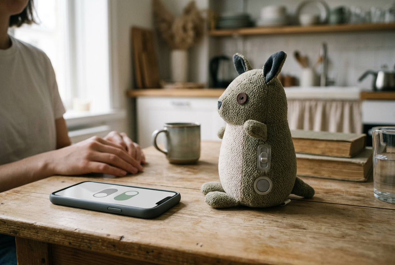 A connected toy beside a phone displaying parental controls and a physical microphone mute button.