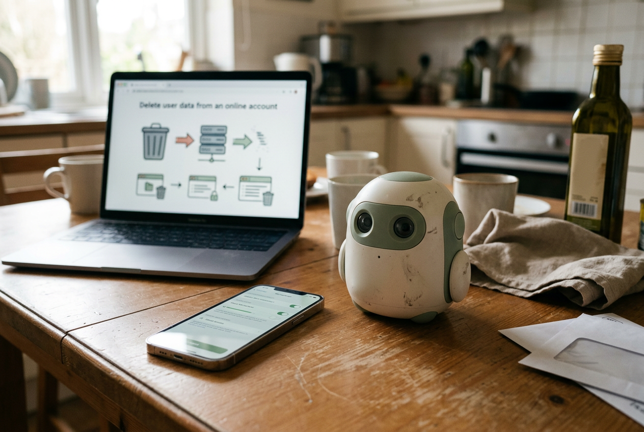 An AI toy beside a phone showing parental settings and a router’s guest network screen.