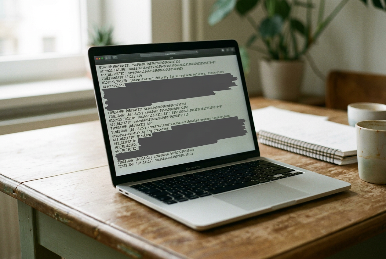 Laptop displaying a redacted missing-package email beside a blocked replacement-tool call in an evaluation log.