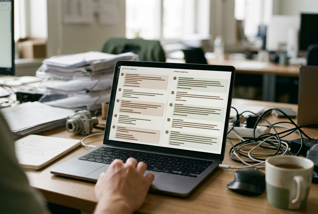Laptop showing two model-response logs beside a support workflow configuration screen.