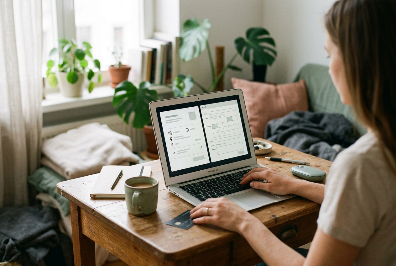 A laptop showing a booking confirmation beside an empty calendar event form and a payment card.