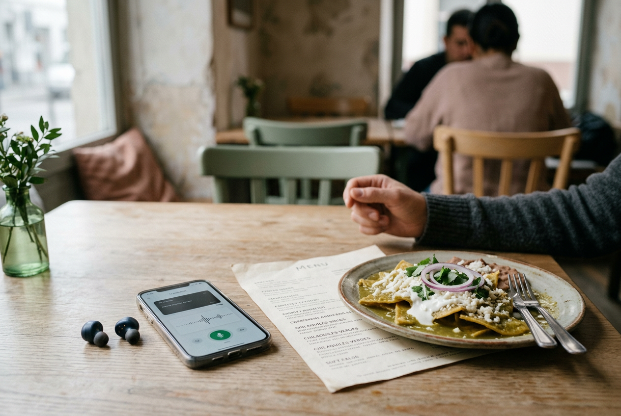Translation earbuds beside a phone and printed menu on a busy restaurant table.