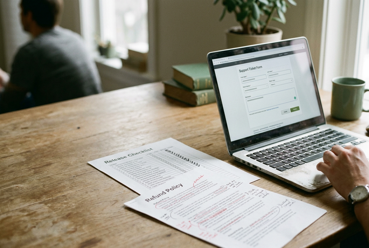 Laptop showing an AI release checklist beside a support ticket and a printed refund policy.