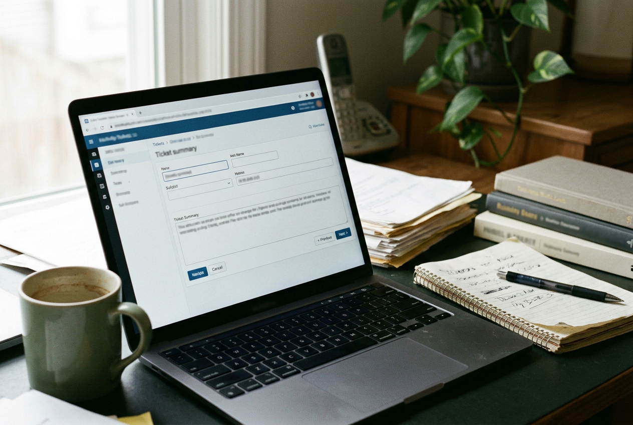 Support ticket text beside structured fields for issue type, order number, summary and selected internal tool.