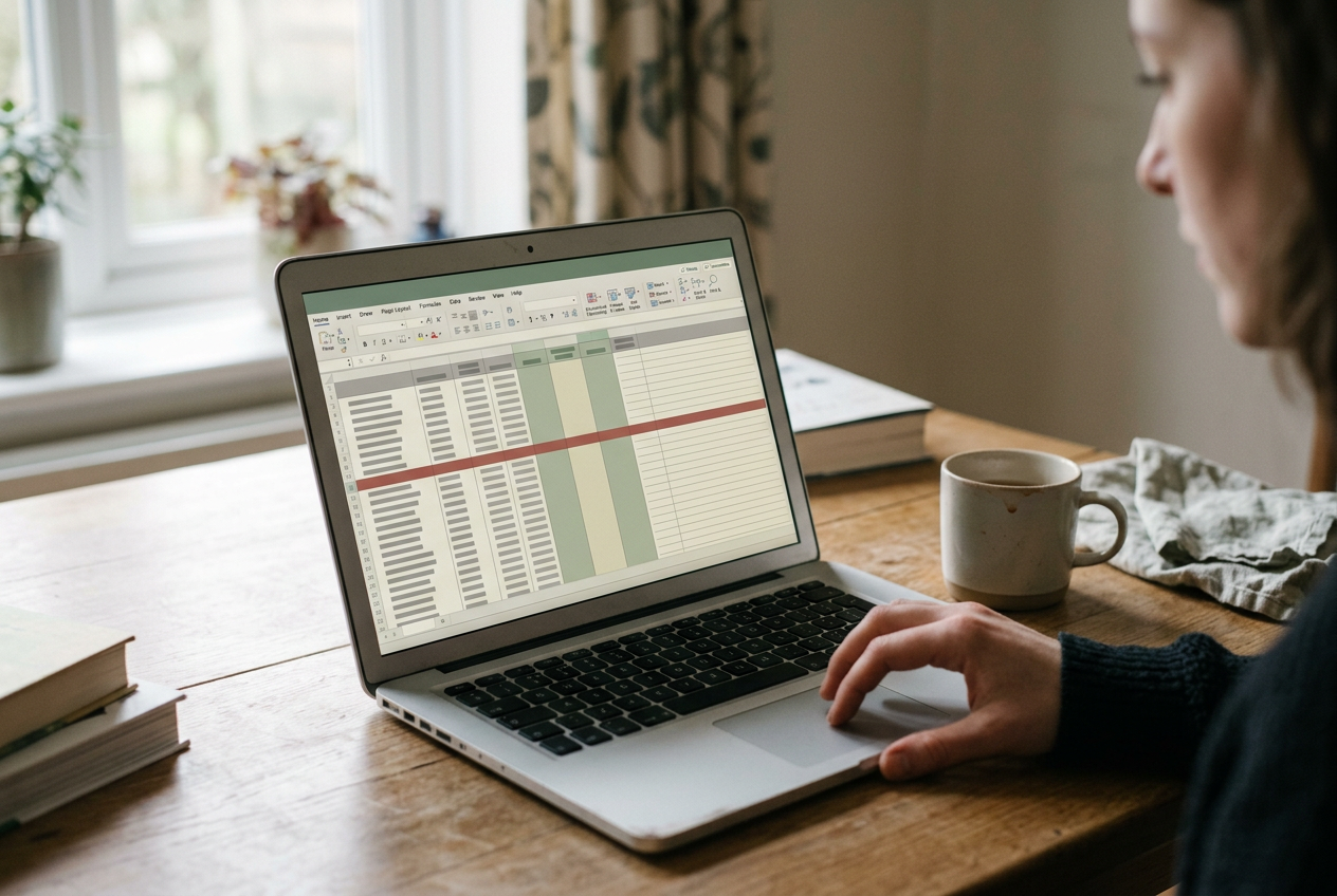 A spreadsheet showing inconsistent categories, a flagged refund row, and a blank formula cell beside a review column.