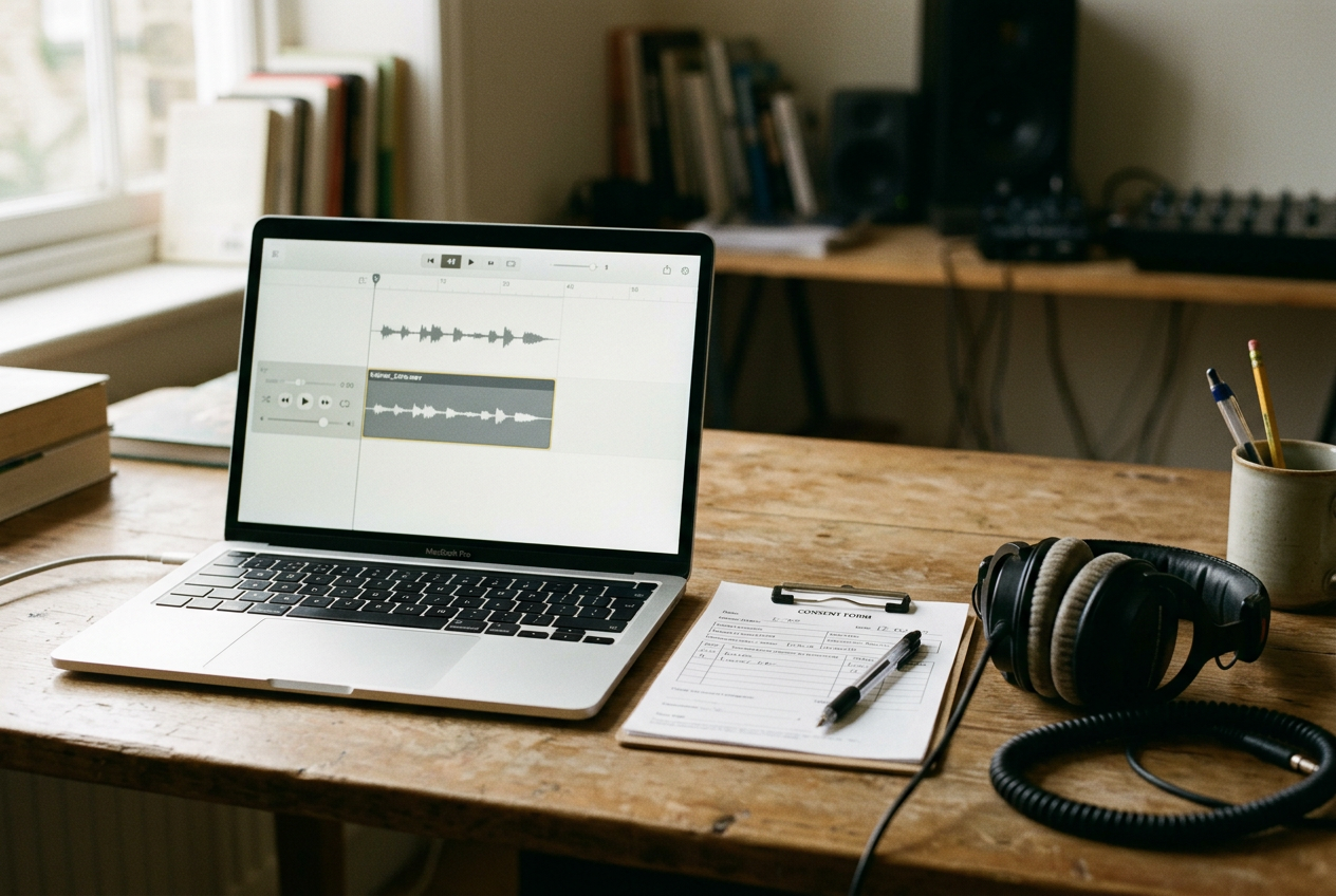 A laptop displaying an audio file beside consent, model, dataset, and revocation records.