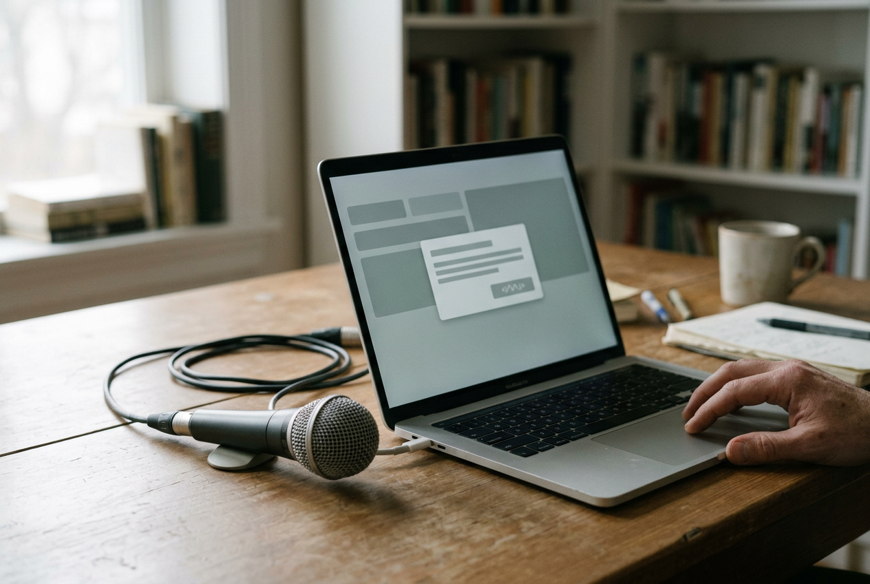 A laptop displaying a voice-consent recording step beside a microphone and headphones on a desk.