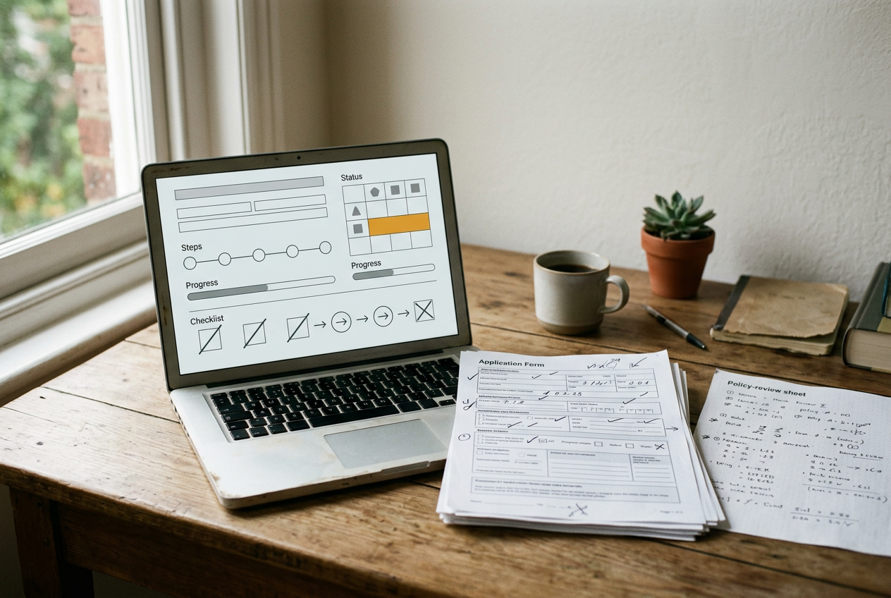 A laptop showing a denial record beside a printed application and handwritten review notes.